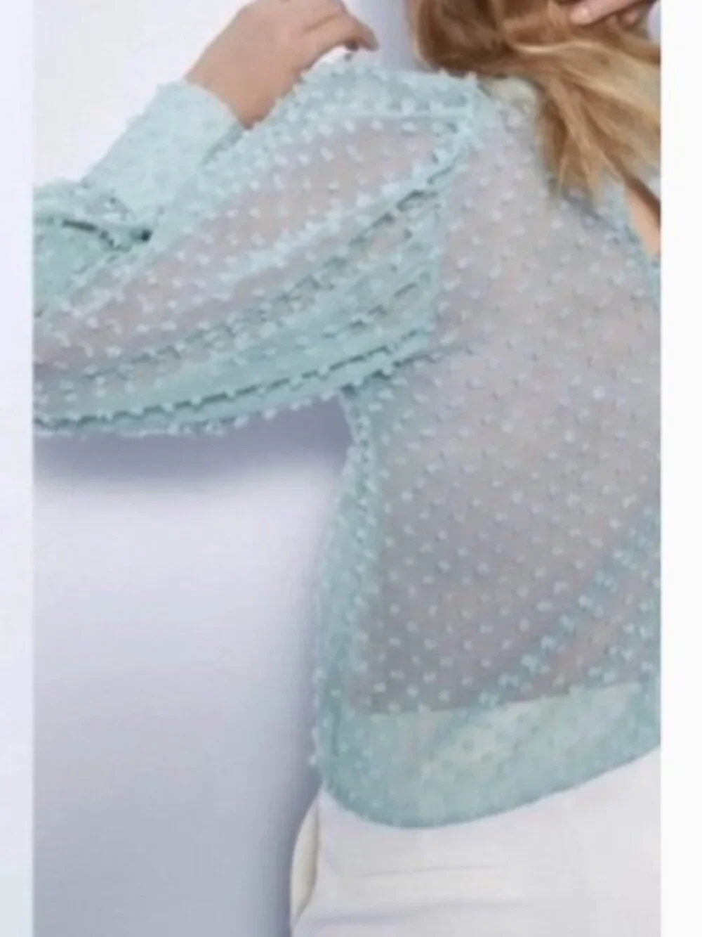 ZARA Green Swiss Dot Polka Dot Puff Sleeve Blouse Sheer/See Through Size XS - Picture 2 of 6